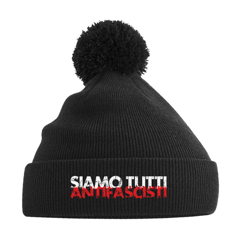  Schwarze Strickmütze mit Bommel und gesticktem Statement „SIAMO TUTTI ANTIFASCISTI“
