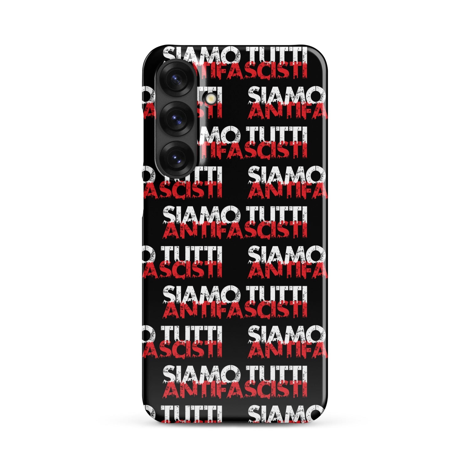 „Smartphone‑Hülle mit wiederholtem ‚SIAMO TUTTI ANTIFASCISTI‘‑Print in Weiß und Rot auf Schwarz – starkes antifaschistisches Allover‑Design aus dem FCK NZS shop.“