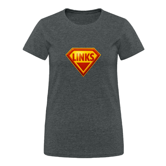 Damen-T-Shirt mit Superman-ähnlichem ‚LINKS‘-Logo in Rot-Gelb, körpernahe Passform, Rundhalsausschnitt“- Dunkelgrau meliert