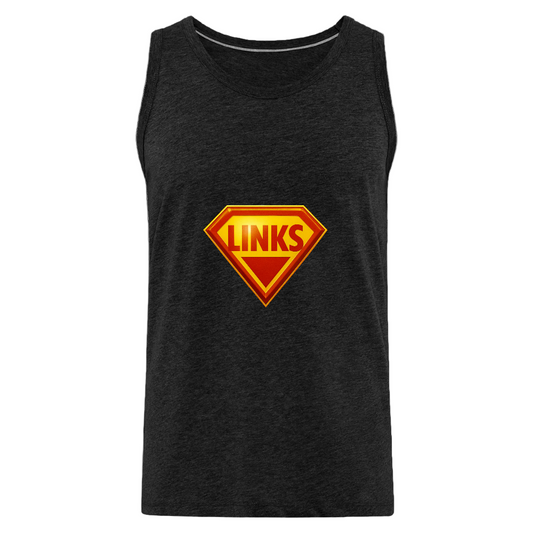 Anthrazit Premium Tank Top mit Superman-inspiriertem „LINKS“-Logo in Rot-Gelb. Ärmellos, sportlich geschnitten, aus Baumwolle, aktivistisches Design.
