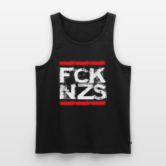 Schwarzes Tank Top mit weißem „FCK NZS“ Print im roten Balkenrahmen. Ärmellos, sportlich geschnitten, aus Baumwolle, auf hellem Hintergrund präsentiert.