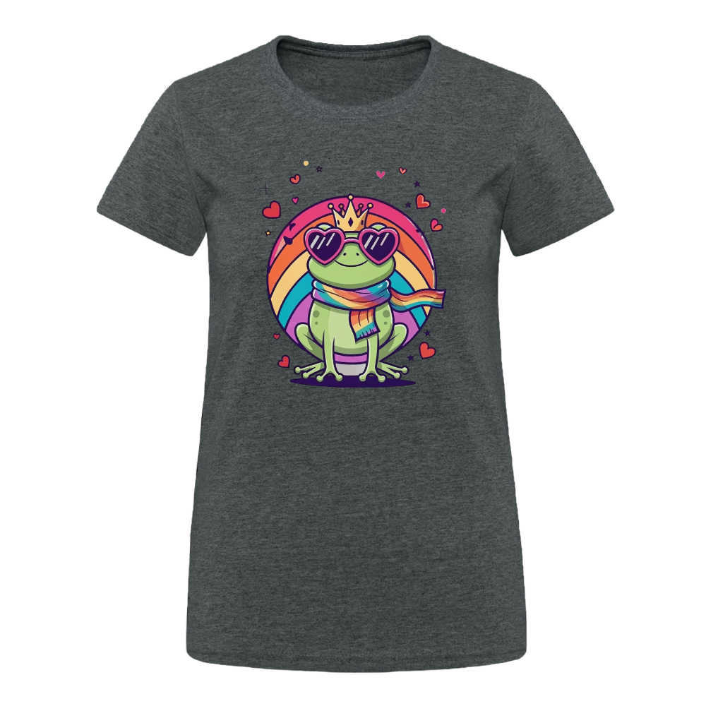 Damen T-Shirt mit farbenfrohem Frontprint: Ein grüner Cartoon-Frosch mit Krone, Regenbogenschal und herzförmiger Sonnenbrille sitzt in einem bunten Regenbogenkreis. Umgeben von pinken Herzchen strahlt das Design Lebensfreude, Vielfalt und queere Symbolik aus. - Dunkelgrau meliert