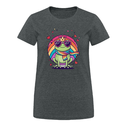 Damen T-Shirt mit farbenfrohem Frontprint: Ein grüner Cartoon-Frosch mit Krone, Regenbogenschal und herzförmiger Sonnenbrille sitzt in einem bunten Regenbogenkreis. Umgeben von pinken Herzchen strahlt das Design Lebensfreude, Vielfalt und queere Symbolik aus. - Dunkelgrau meliert