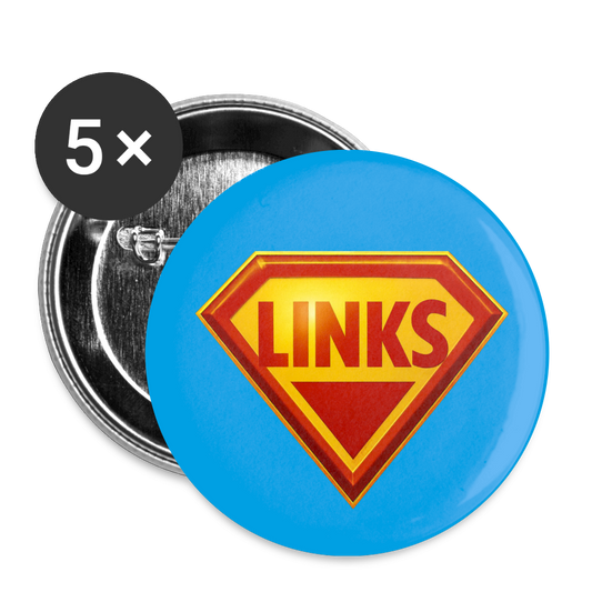 „Runder Button mit Superman-Logo und rotem ‚LINKS‘ Schriftzug, 5er-Set mit Anstecknadel auf der Rückseite“