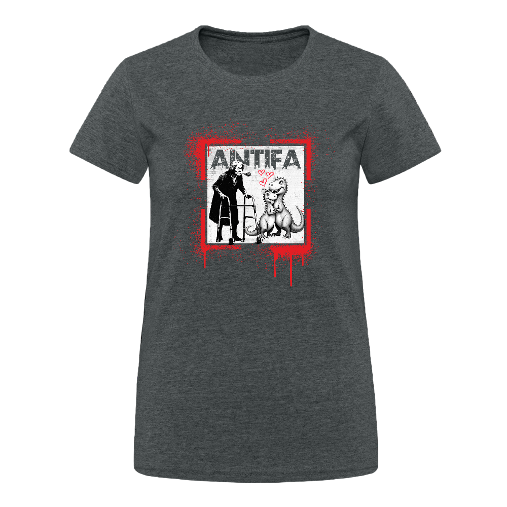 Damen T-Shirt mit grafischem Frontprint: Oben steht „ANTIFA“ in roter Schrift. Darunter zwei stilisierte Figuren – links eine vermummte Person mit Baseballschläger, rechts eine Figur mit Herzsymbol und tierischer Maske. Roter Splatter-Effekt umrahmt das Design. Das Motiv wirkt konfrontativ und symbolträchtig.r - Dunkelgrau meliert