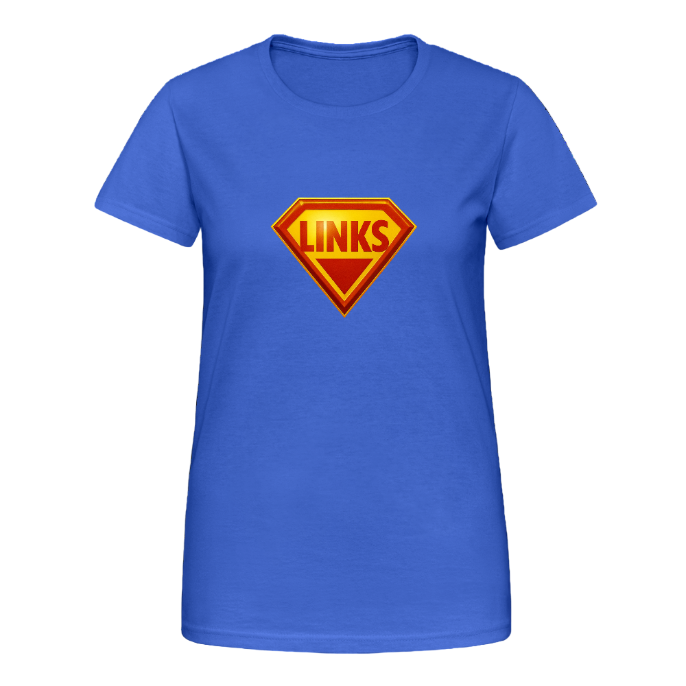 Damen-T-Shirt mit Superman-ähnlichem ‚LINKS‘-Logo in Rot-Gelb, körpernahe Passform, Rundhalsausschnitt - Königsblau