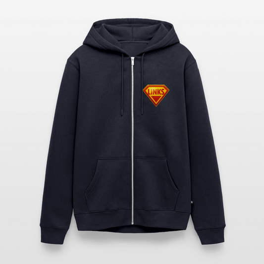 Navy Premium Kapuzenjacke mit glänzendem „LINKS“-Logo im Superman-Stil. Kontrastkapuzenband, Fronttaschen, robuster Sweatstoff, aktivistisches Design.