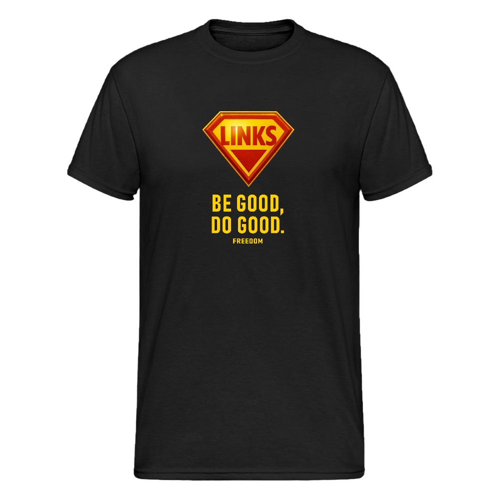 Unisex Gildan T-Shirt mit glänzendem LINKS-Logo im Superman-Stil und gelbem Slogan „BE GOOD, DO GOOD“ auf blauem Hintergrund.

