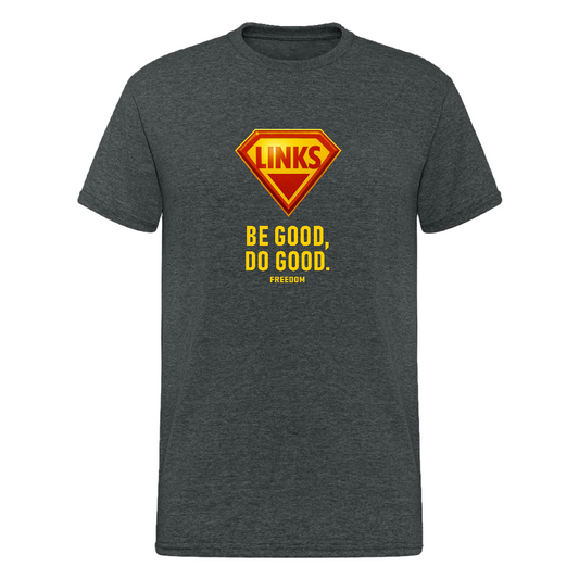 LINKS Statement-Shirt mit Superhelden-Emblem und politischer Botschaft – ideal für Aktivismus und Streetwear.

