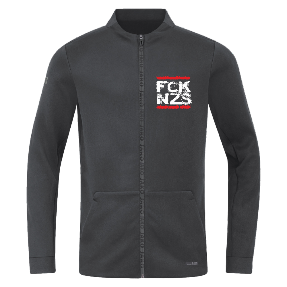 Graphite JAKO Jacke mit weiß-rotem „FCK NZS“ Print auf der Brust und entlang des Reißverschlusses. Sportlicher Schnitt, Seitentaschen, tonales Branding.
