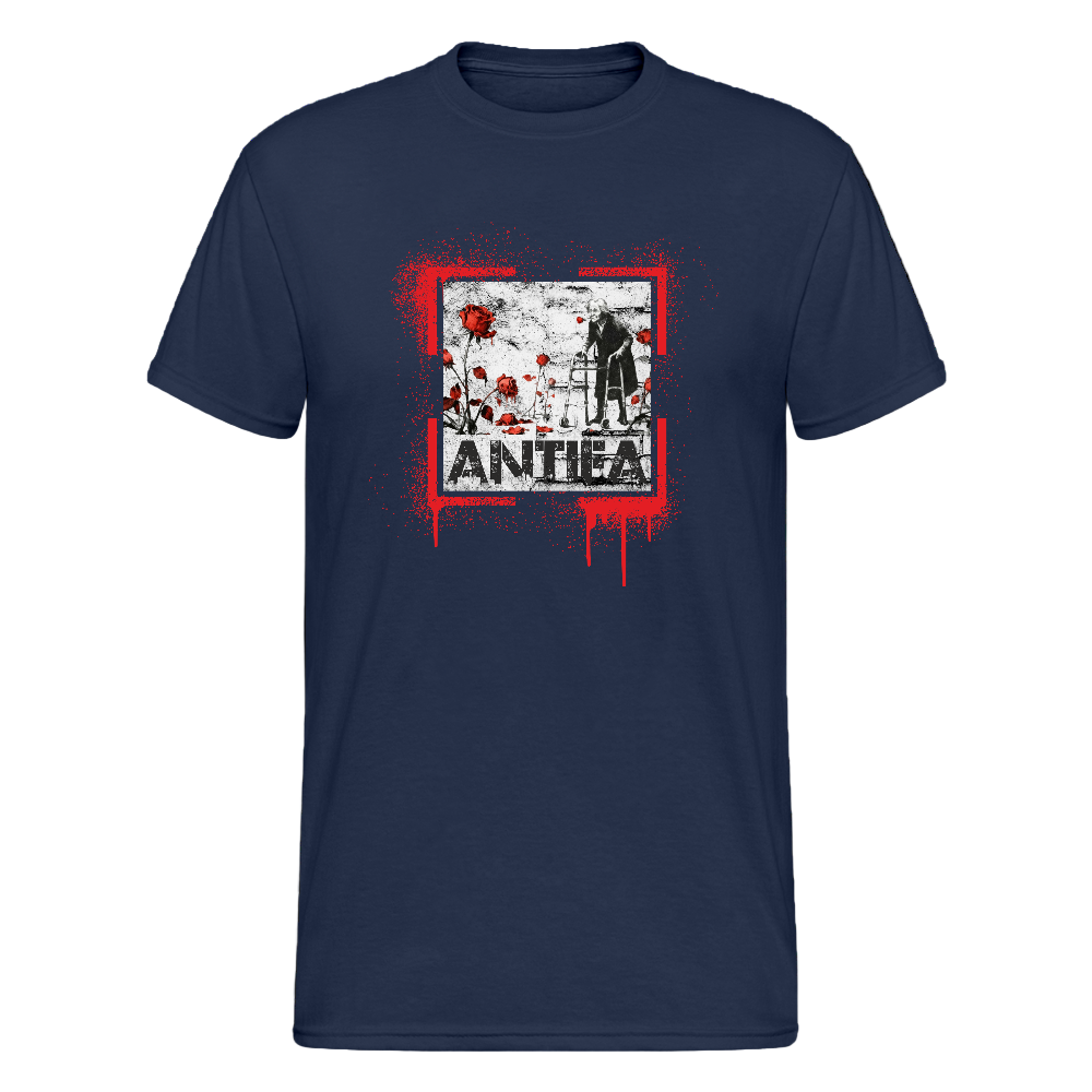  Unisex Bio T-Shirt Blaster - Schwarz Navy Shirt mit rotem Paint‑Splatter, älterer Person am Rollator und roten Rosen; darunter ANTIFA