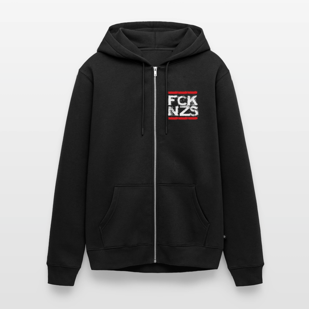 Schwarze Premium Kapuzenjacke mit weiß-rotem „FCK NZS“ Print auf der Brust und entlang des Reißverschlusses. Kontrastkapuzenband, Fronttaschen, klassischer Schnitt.