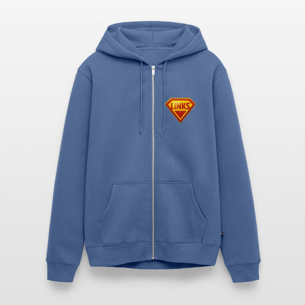 Taubenblau Premium Kapuzenjacke mit glänzendem „LINKS“-Logo im Superman-Stil. Kontrastkapuzenband, Fronttaschen, robuster Sweatstoff, aktivistisches Design.