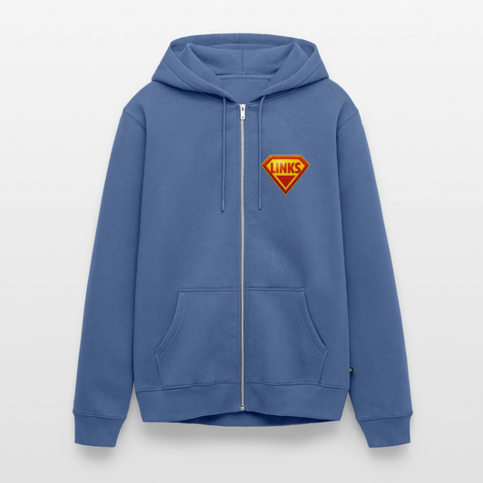 Taubenblau Premium Kapuzenjacke mit glänzendem „LINKS“-Logo im Superman-Stil. Kontrastkapuzenband, Fronttaschen, robuster Sweatstoff, aktivistisches Design.
