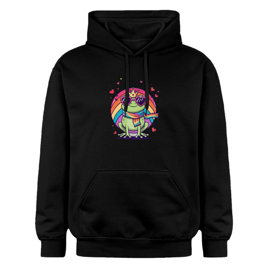 „Schwarzer Hoodie mit cartoonartigem Frosch in Herzbrille, Krone und Regenbogenschwanz, Pride-Flagge in der Hand, umgeben von pinken Herzen“