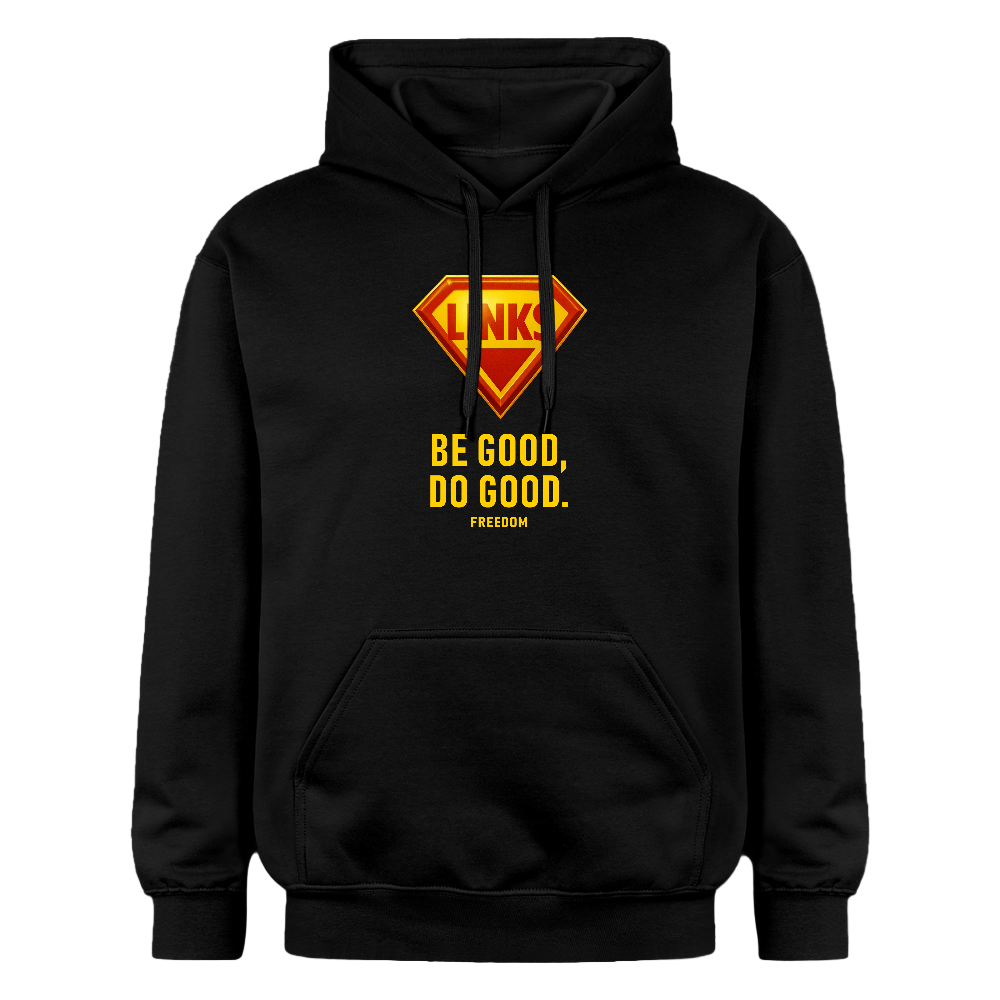 Unisex Hoodie mit glänzendem LINKS-Logo im Superman-Stil und gelbem Slogan „BE GOOD, DO GOOD“ – politisches Statement für Solidarität.

