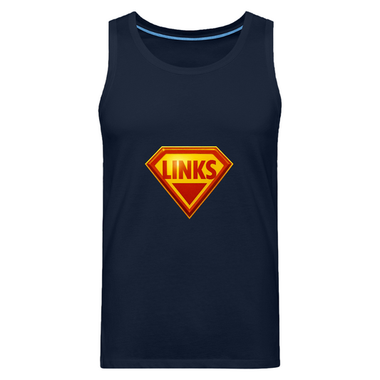 NavyPremium Tank Top mit Superman-inspiriertem „LINKS“-Logo in Rot-Gelb. Ärmellos, sportlich geschnitten, aus Baumwolle, aktivistisches Design.
