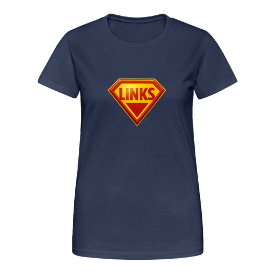 Damen-T-Shirt mit Superman-ähnlichem ‚LINKS‘-Logo in Rot-Gelb, körpernahe Passform, Rundhalsausschnitt“r - Navy