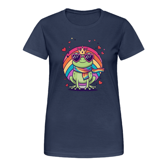 Damen T-Shirt mit farbenfrohem Frontprint: Ein grüner Cartoon-Frosch mit Krone, Regenbogenschal und herzförmiger Sonnenbrille sitzt in einem bunten Regenbogenkreis. Umgeben von pinken Herzchen strahlt das Design Lebensfreude, Vielfalt und queere Symbolik aus. - Navy