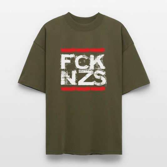 Khakifarbenes Oversized Unisex T-Shirt mit FCK NZS Statement – nachhaltige Baumwolle, weite Passform