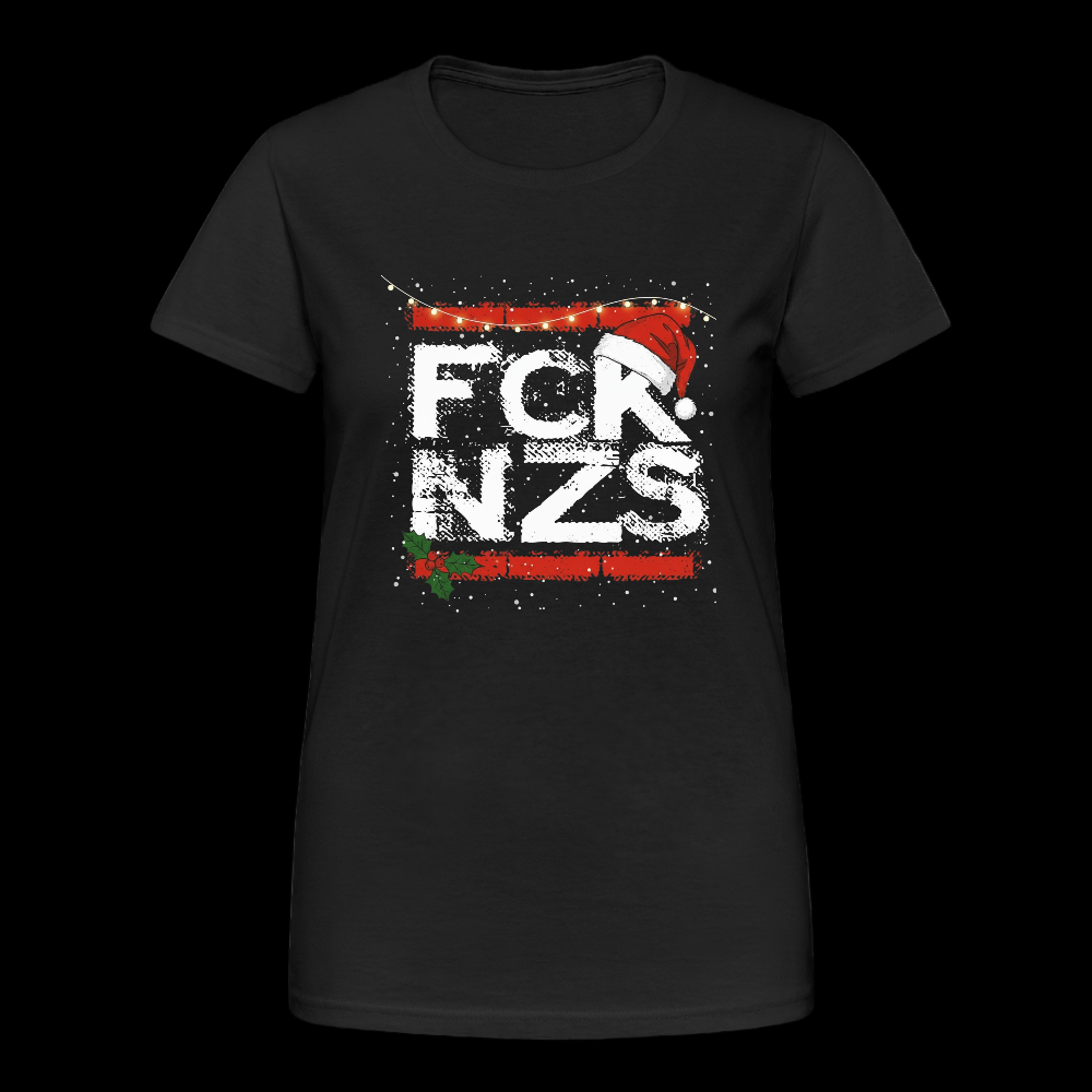 Damen T-Shirt in Schwarz mit FCK NZS Weihnachtsdesign, Santa-Mütze und Holly-Dekor