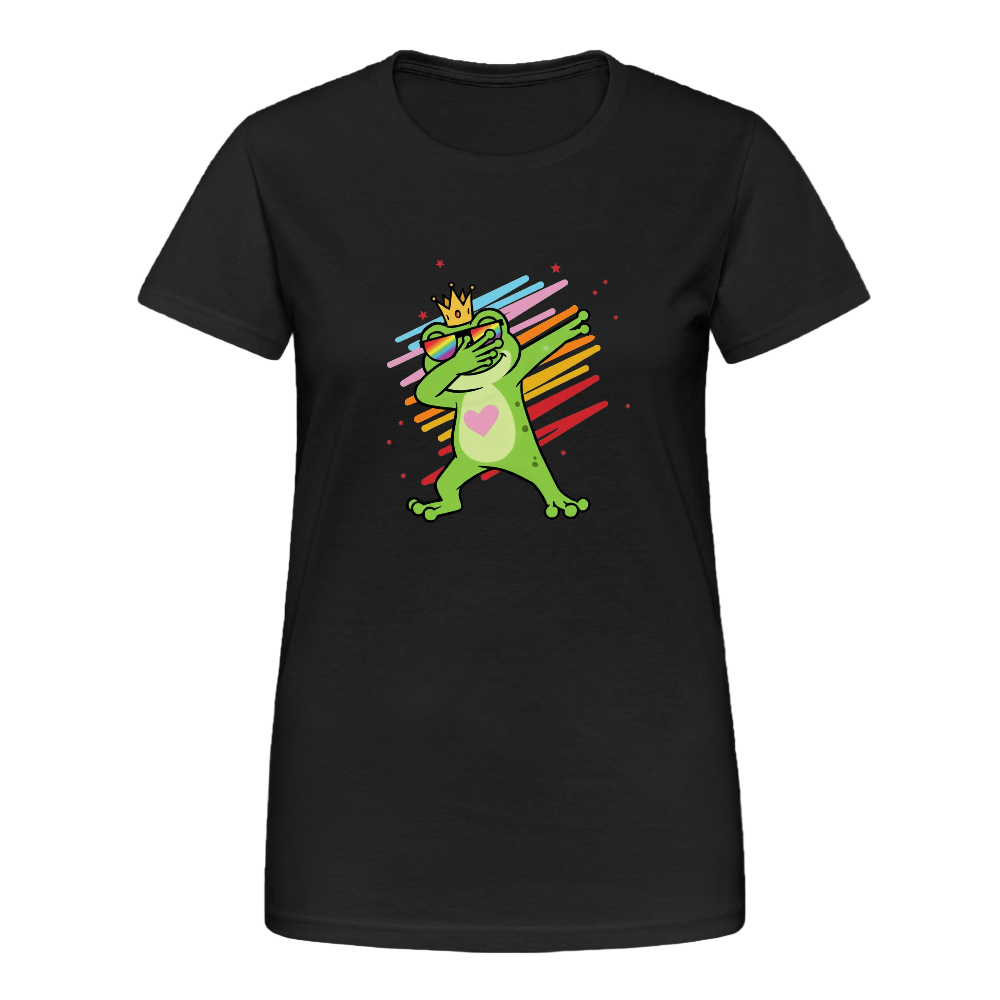 Schwarzes Damen T-Shirt mit farbenfrohem Frontprint: Ein grüner Frosch mit goldener Krone, Regenbogenbrille und pinkem Herz auf der Brust zeigt eine Dab-Pose. Im Hintergrund verlaufen bunte Brush-Strokes in Rot, Gelb, Blau und Pink. Das Design wirkt verspielt, königlich und aktivistisch.