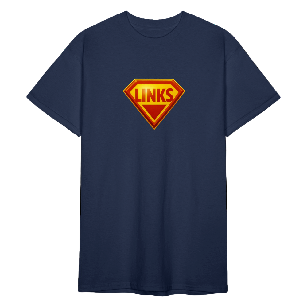 Navy Männer T-Shirt mit Superman-inspiriertem „LINKS“-Logo in Rot-Gelb und dem Slogan „BE GOOD, DO GOOD“. Gerader Schnitt, robuste Stoffqualität.