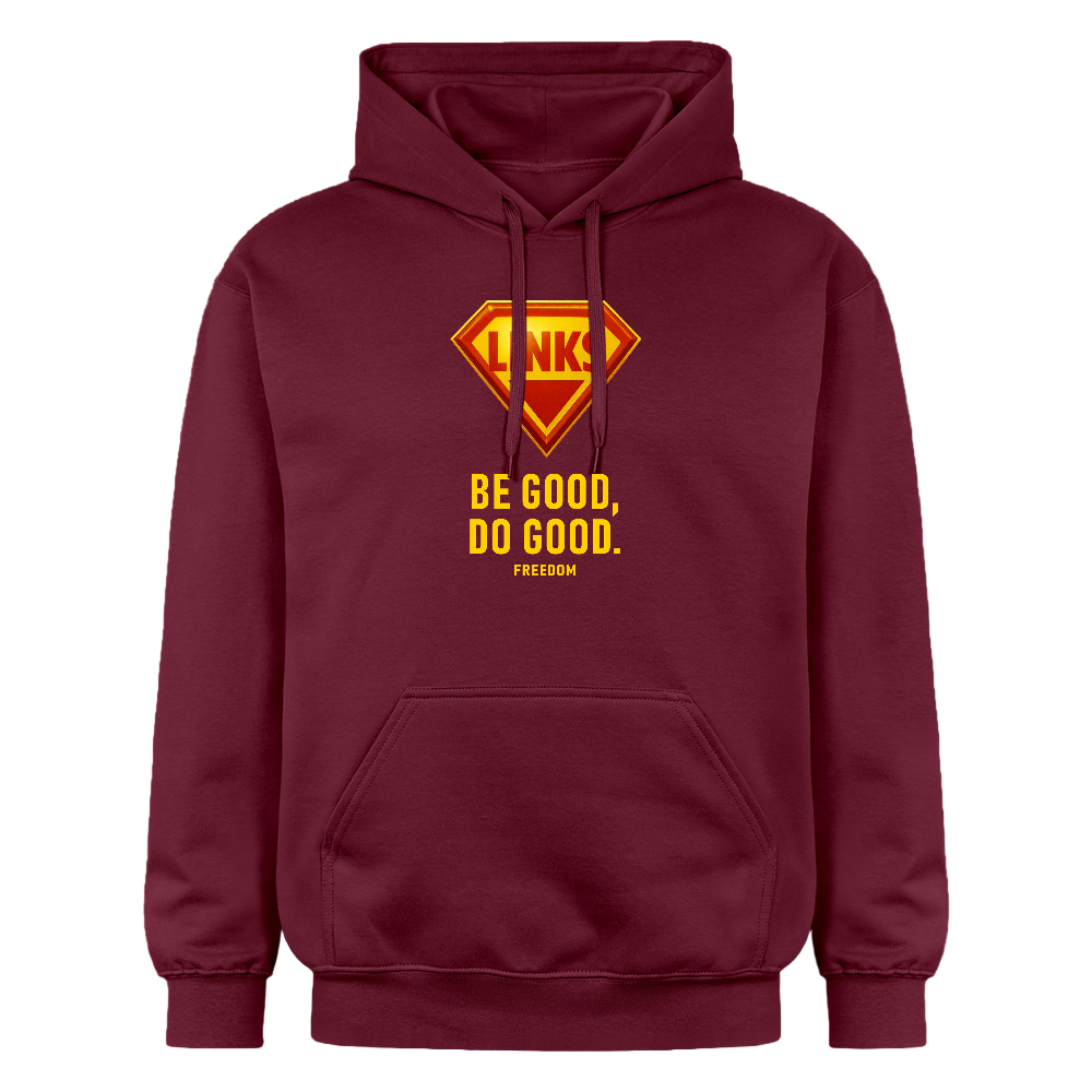 Blauer Kapuzenpullover mit Superhelden-Emblem und linker Botschaft – ideal für Aktivismus und Streetwear.

