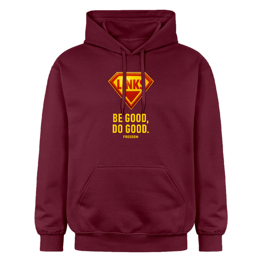 Blauer Kapuzenpullover mit Superhelden-Emblem und linker Botschaft – ideal für Aktivismus und Streetwear.

