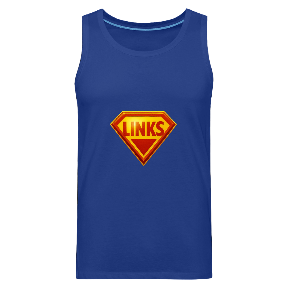 Königsblau Premium Tank Top mit Superman-inspiriertem „LINKS“-Logo in Rot-Gelb. Ärmellos, sportlich geschnitten, aus Baumwolle, aktivistisches Design.