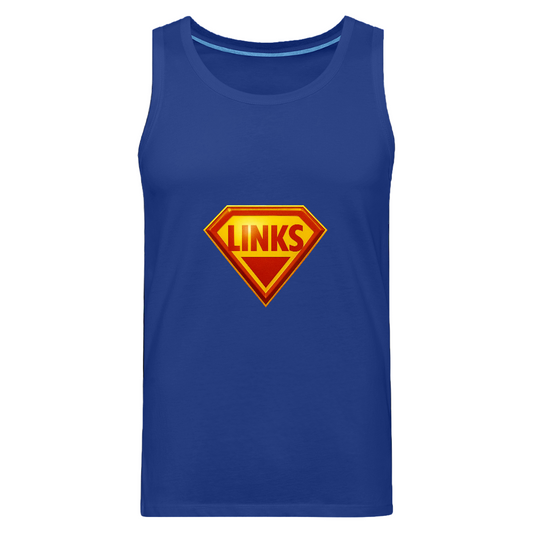 Königsblau Premium Tank Top mit Superman-inspiriertem „LINKS“-Logo in Rot-Gelb. Ärmellos, sportlich geschnitten, aus Baumwolle, aktivistisches Design.