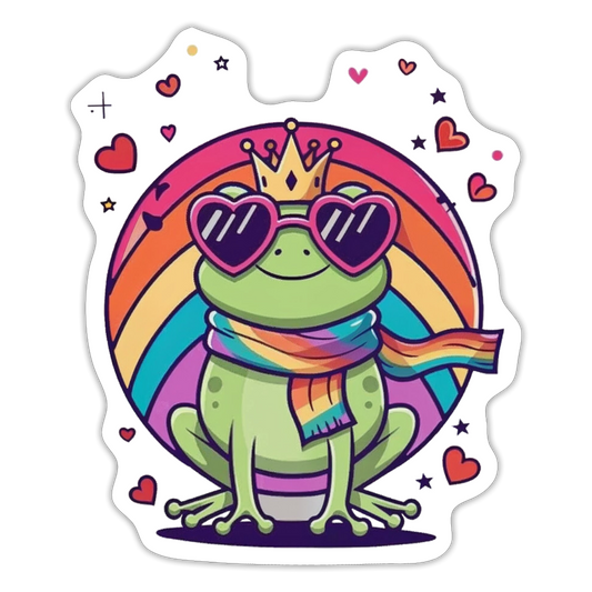 „Vinyl-Sticker mit sitzendem Frosch in Krone, Herzbrille und Regenbogenschal, umgeben von Sternen und Herzen – wasserfest, Konturschnitt“