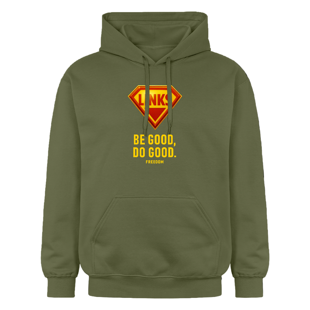 LINKS Hoodie mit rotem Logo und gelbem Slogan – tragbare Haltung für alle, die Gerechtigkeit leben.