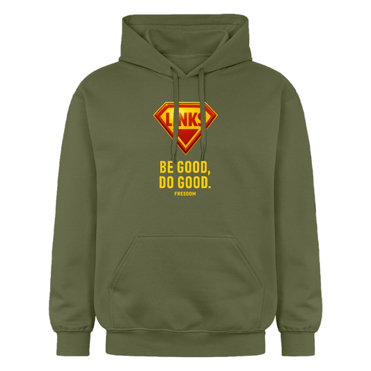 LINKS Hoodie mit rotem Logo und gelbem Slogan – tragbare Haltung für alle, die Gerechtigkeit leben.