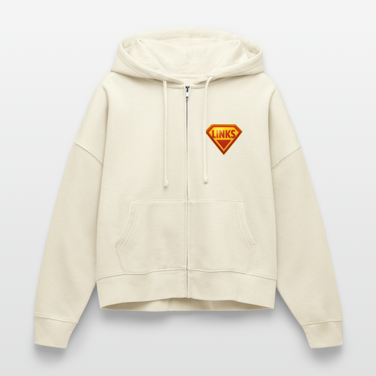 Zip-Hoodie mit Superman-ähnlichem ‚LINKS‘-Logo auf der Brust, Boxy Fit, Bio-Baumwolle, Stanley/Stella- Weißgrau