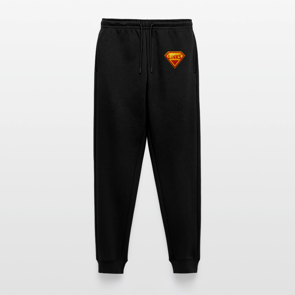 „Schwarze Herren-Jogginghose mit Superman-ähnlichem ‚LINKS‘-Logo-Patch auf dem linken Oberschenkel, elastischer Bund & Bündchen“