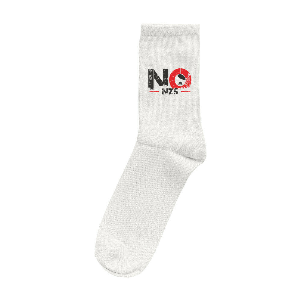 Socke mit schwarz-rotem ‚NO NZS‘‑Print und Symbol – minimalistisches antifaschistisches Statement