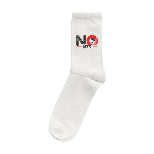 Socke mit schwarz-rotem ‚NO NZS‘‑Print und Symbol – minimalistisches antifaschistisches Statement