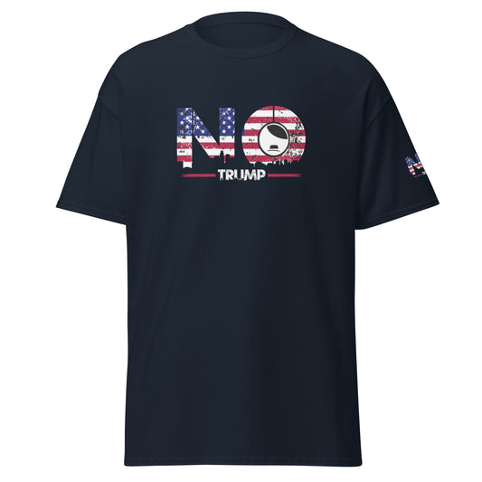 Navy Unisex T‑Shirt mit weiß-rotem „NO TRUMP“‑Print – Regular Fit, robustes Streetwear‑Basic.