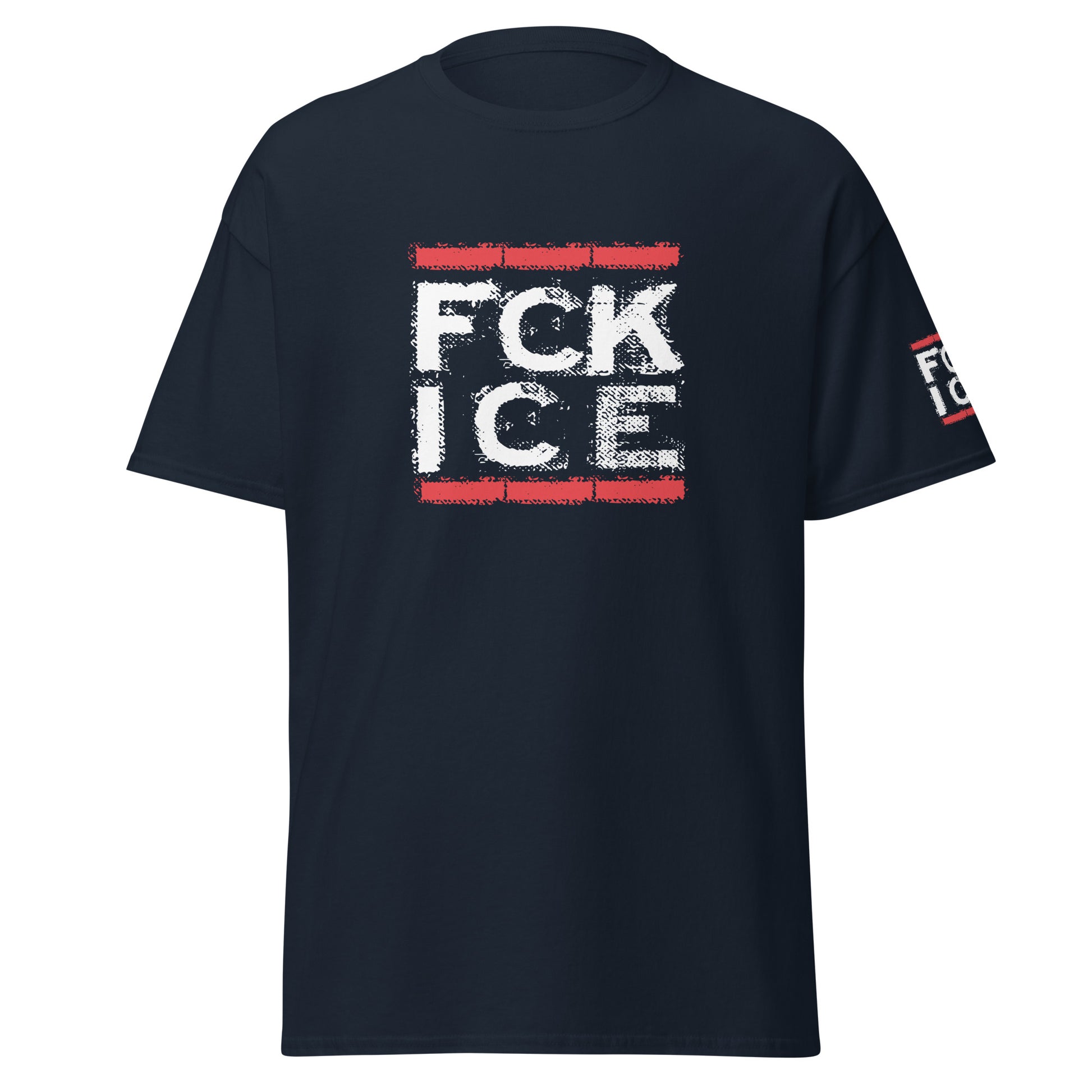 Navyblaues Herren‑T‑Shirt mit FCK ICE Print vorne und am Ärmel.