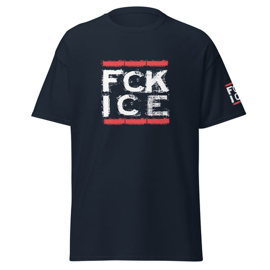 Navyblaues Herren‑T‑Shirt mit FCK ICE Print vorne und am Ärmel.