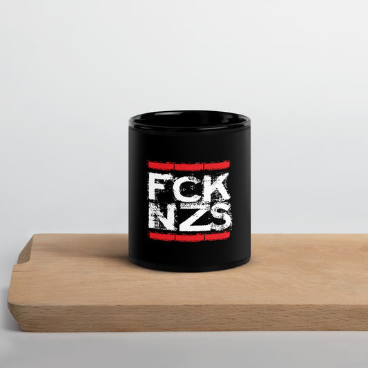 Schwarze Keramiktasse FCK NZS weiß rote distressed Typografie 11 oz spülmaschinenfest