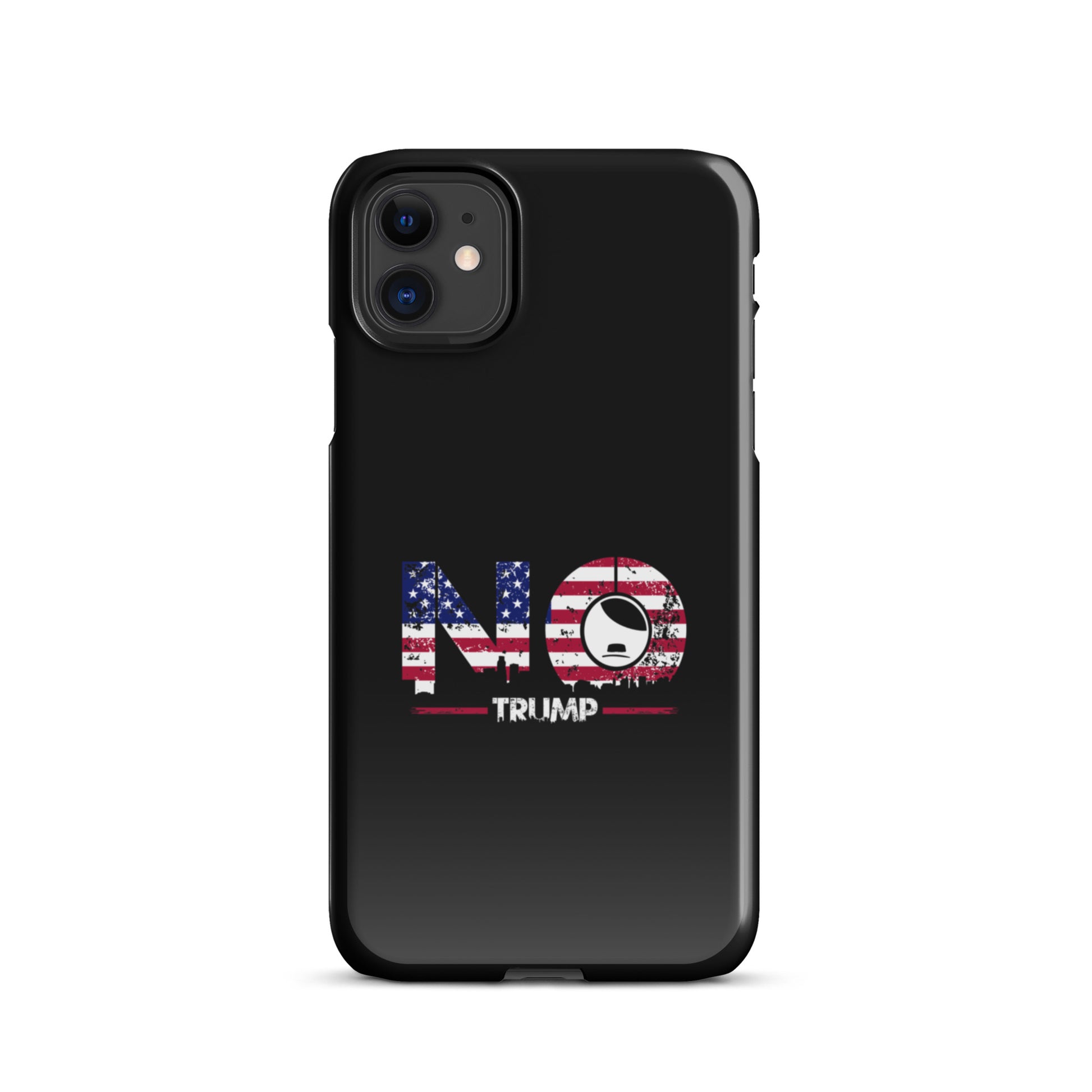 „Schwarze Snapcase‑Hülle mit weiß-rotem ‚NO TRUMP‘‑Design im US‑Flaggenstil – politisches Statement aus dem fck shop.“