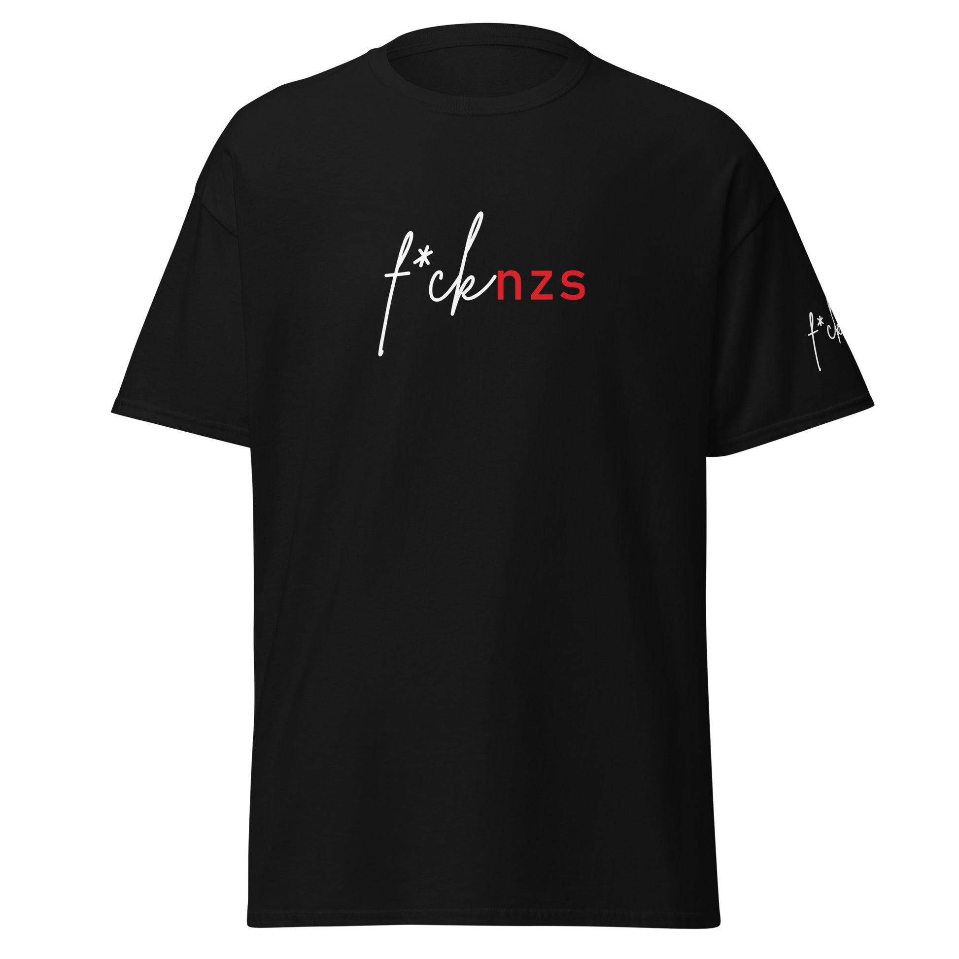„Schwarzes Herren‑T‑Shirt mit f*cknzs Front‑ und Ärmelprint.“

