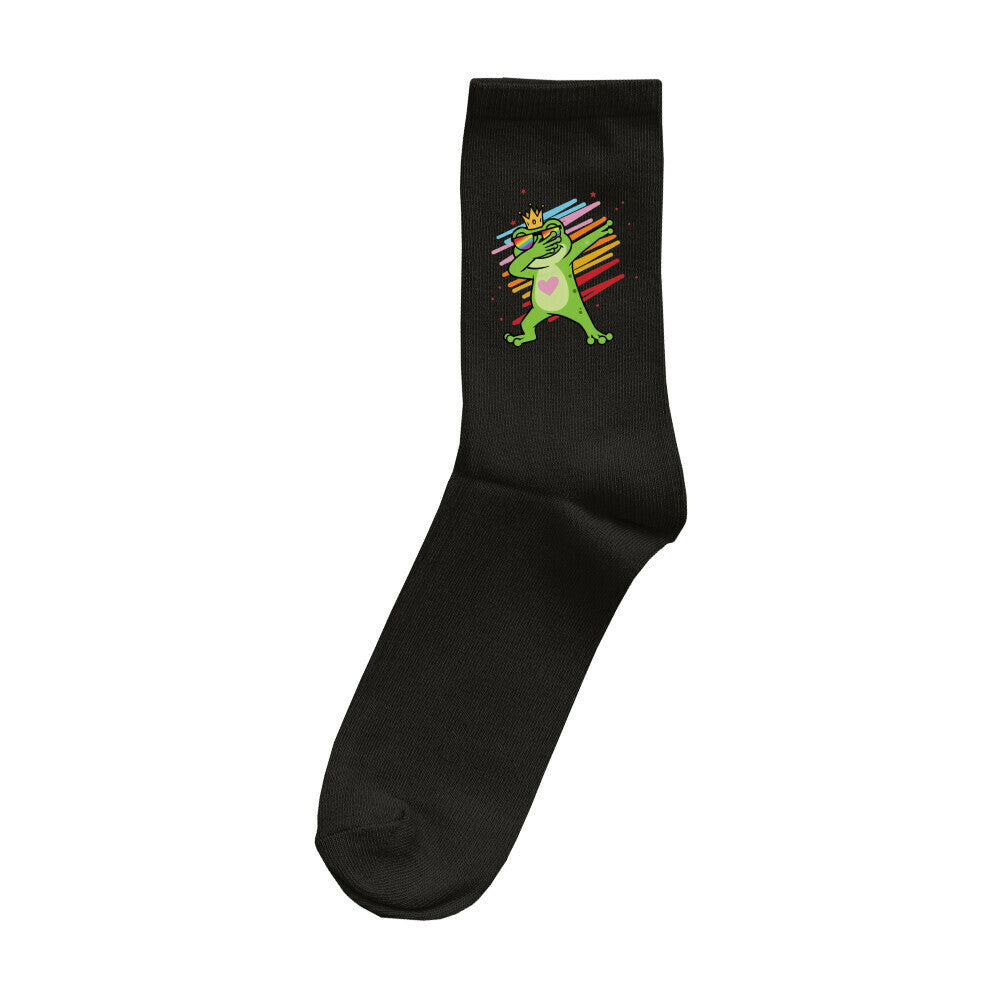 Socke mit dabbing Frog in Pride‑Farben – bunter, humorvoller LGBTQ+‑Statement‑Print
