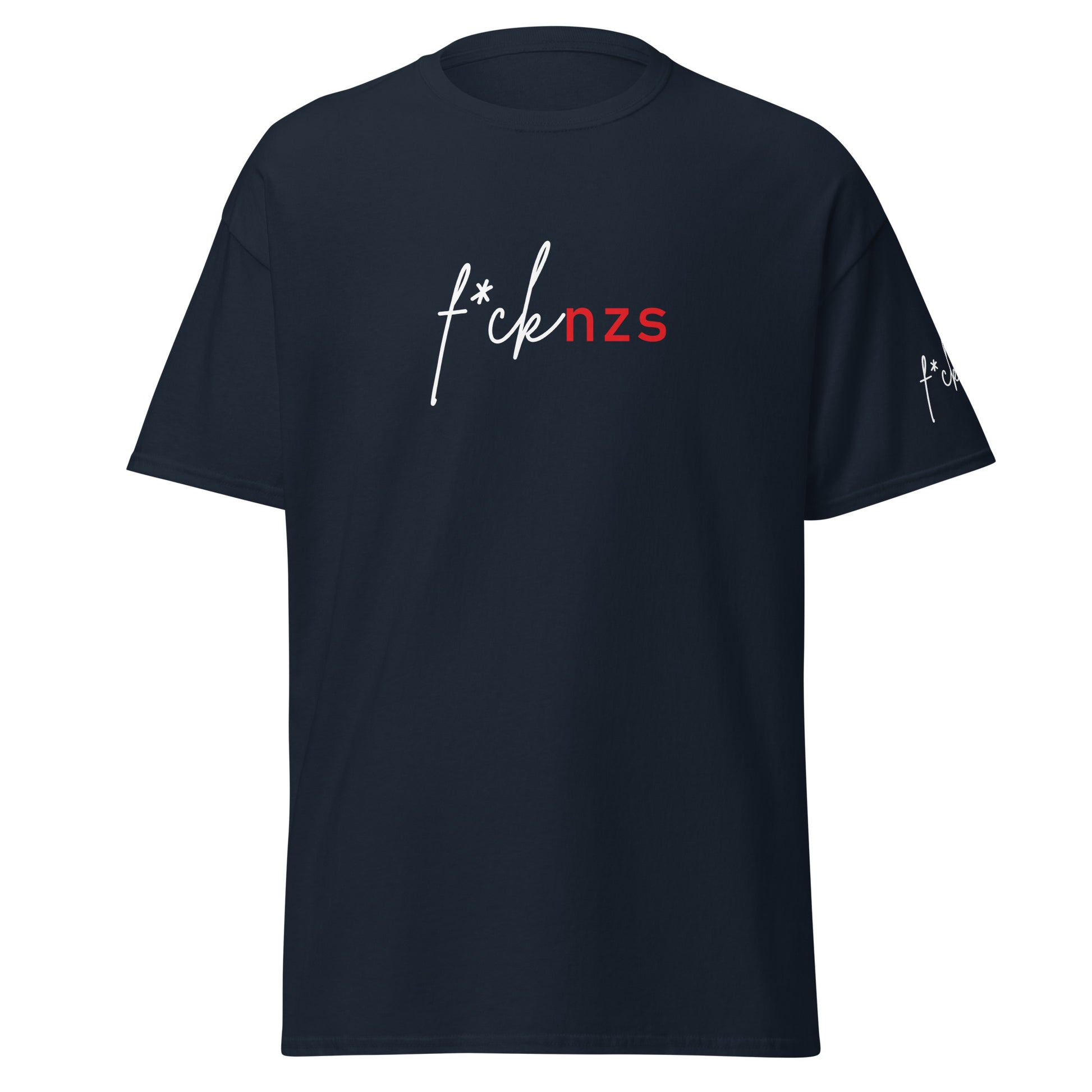 „T‑Shirt f*cknzs, Navy, Statement‑Design mit Ärmelprint.“