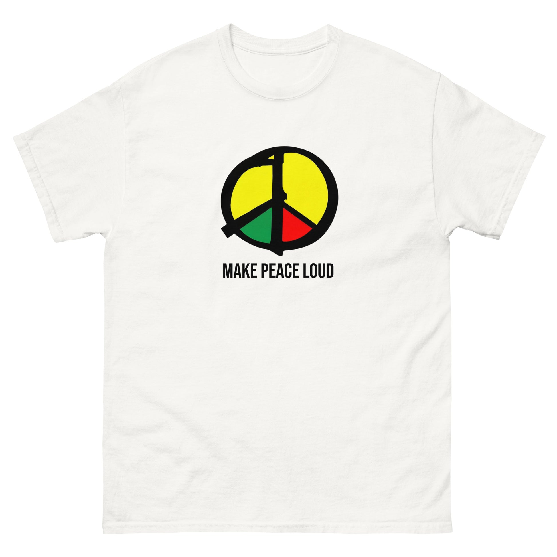 Unisex T‑Shirt mit Peace‑Symbol in Gelb, Grün und Rot und dem Schriftzug Make Peace Loud in Weiß.