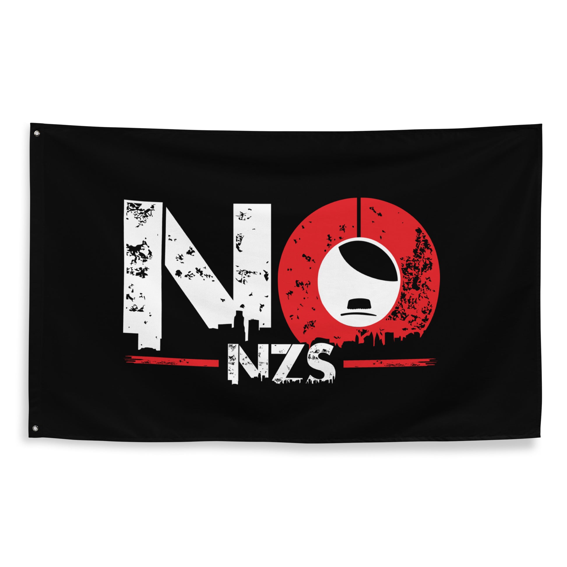 „NO NZS Protestflagge in Schwarz mit weiß‑rotem Print“

