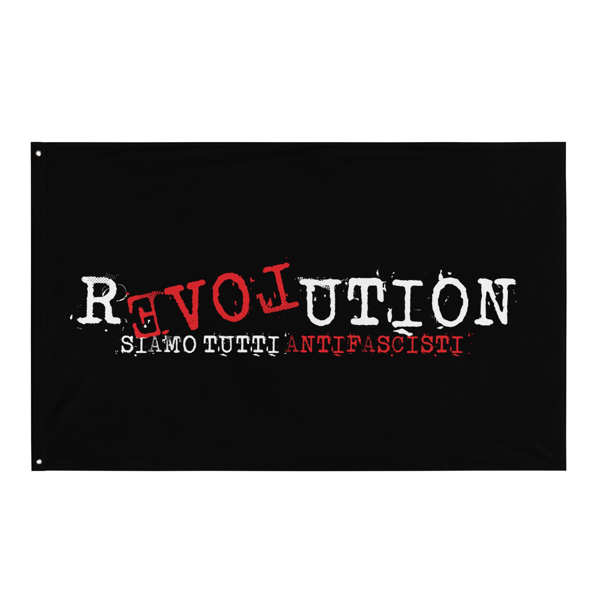„Schwarze Flagge mit großem REVOLUTION‑Schriftzug, rot hervorgehobenem LOVE‑Element und dem Text ‚Siamo tutti antifascisti‘ in Weiß und Rot. Politisches Statement gegen Faschismus.“