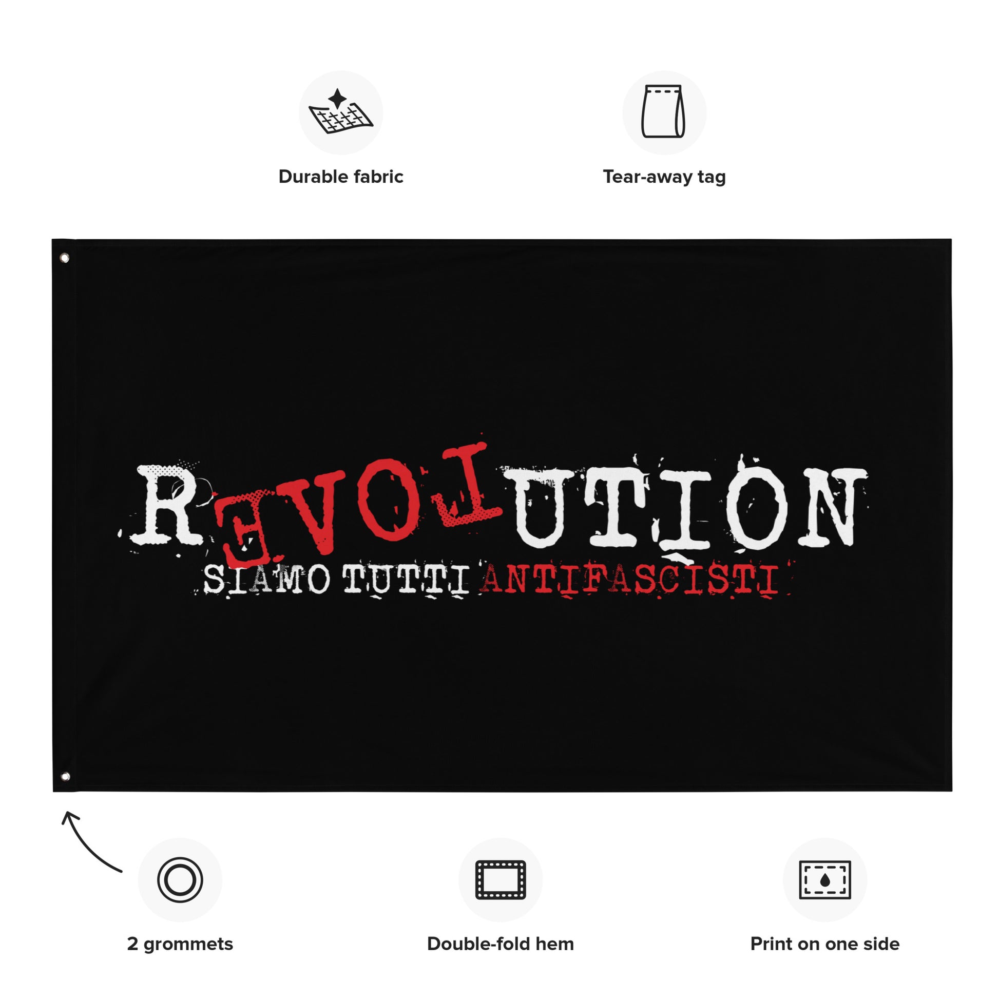 „Antifaschistische Revolution‑Fahne in Weiß‑Rot auf Schwarz“

